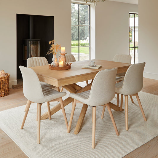 Amelia Whitewash Dining Table Set - 6 Seater - Bella Light Beige Boucle Dining Chairs - Whitewash Legs