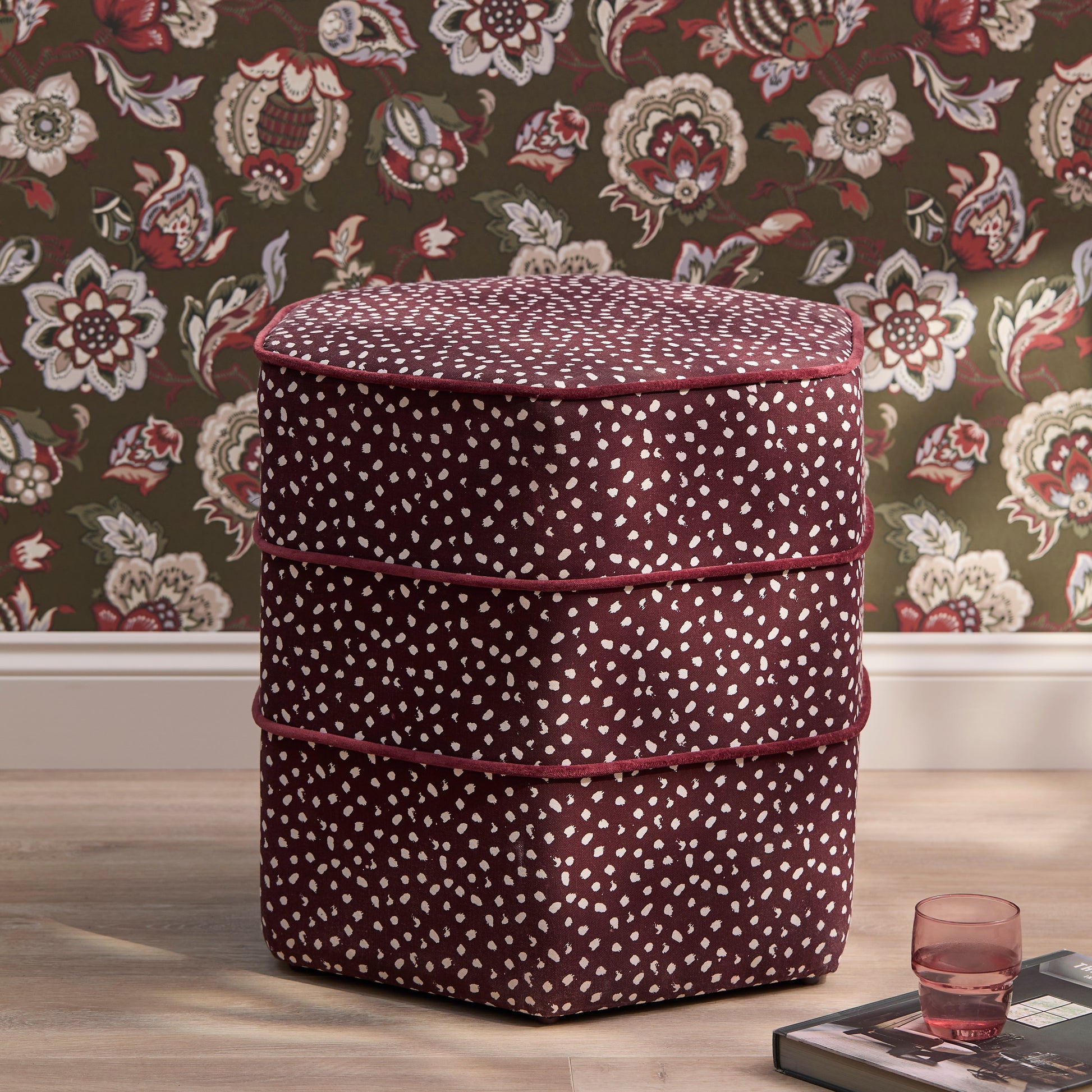 Margot 45cm Hexagon Footstool - Burgundy Spot with Burgundy Velvet Piping - Laura James 