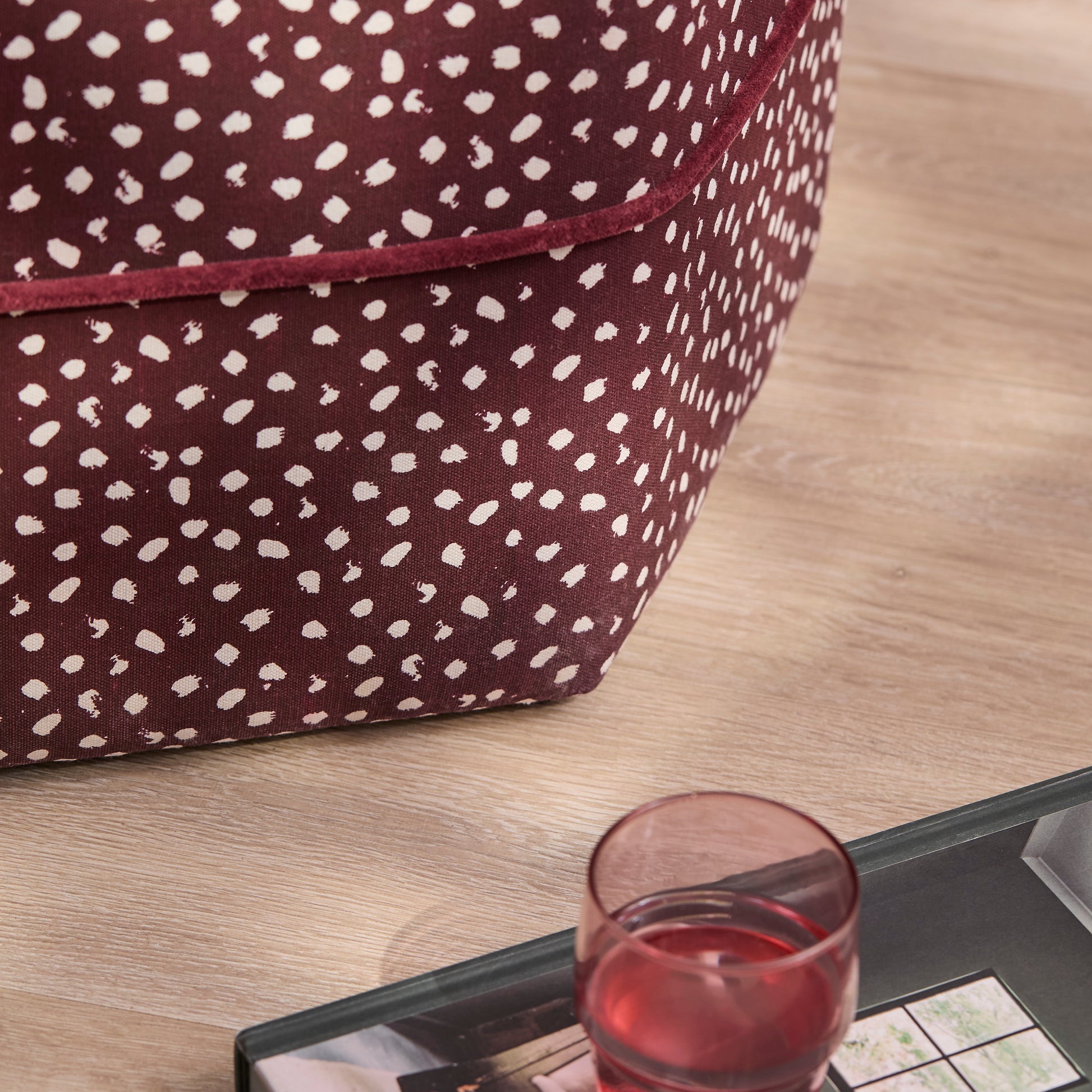 Margot 45cm Hexagon Footstool - Burgundy Spot with Burgundy Velvet Piping - Laura James 