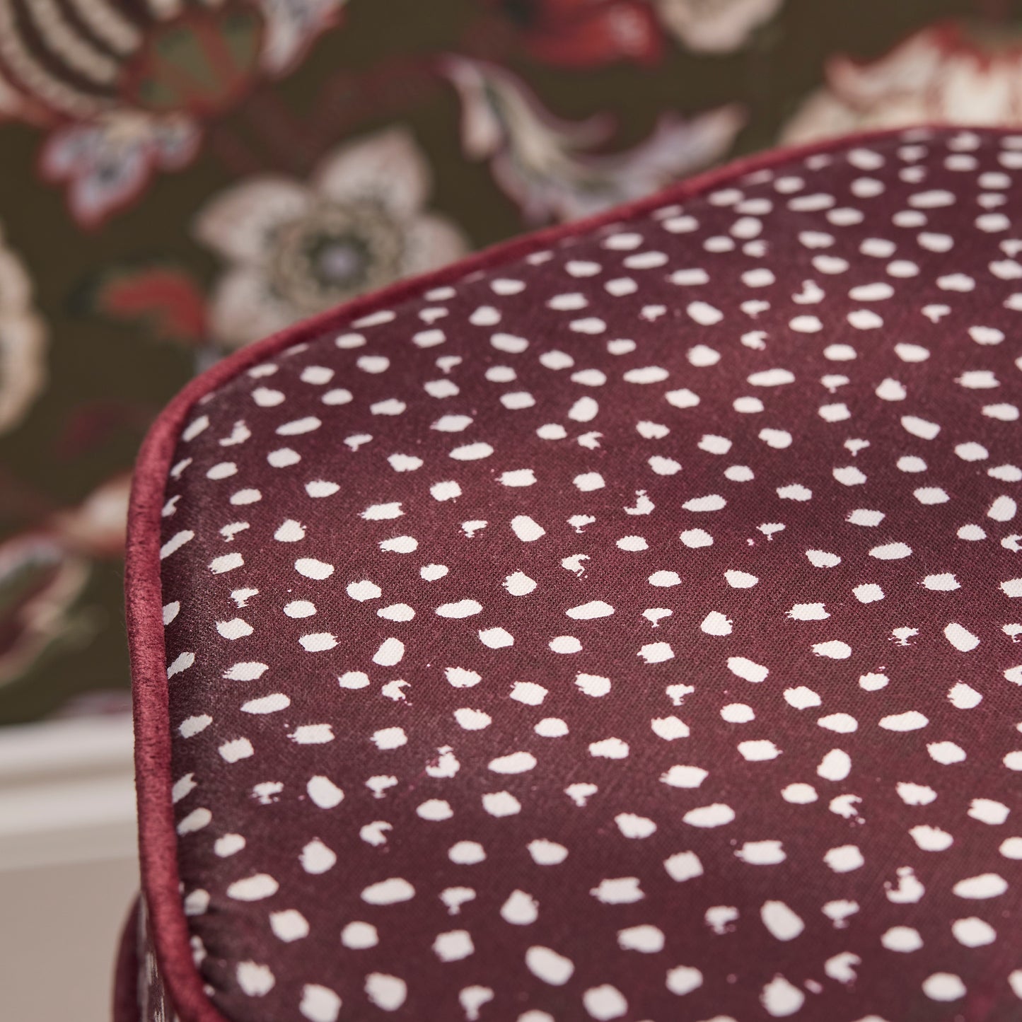 Margot 45cm Hexagon Footstool - Burgundy Spot with Burgundy Velvet Piping - Laura James 