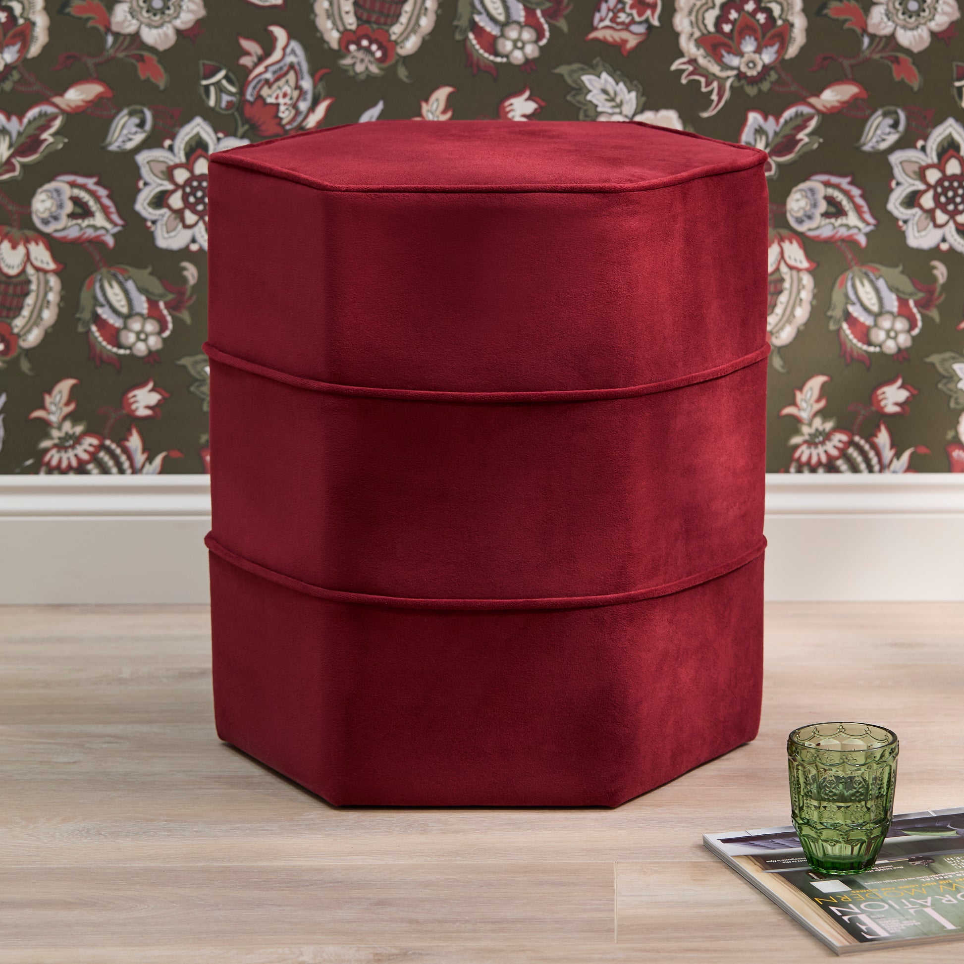 Margot 46cm Hexagon Footstool - Burgundy Velvet - Laura James 