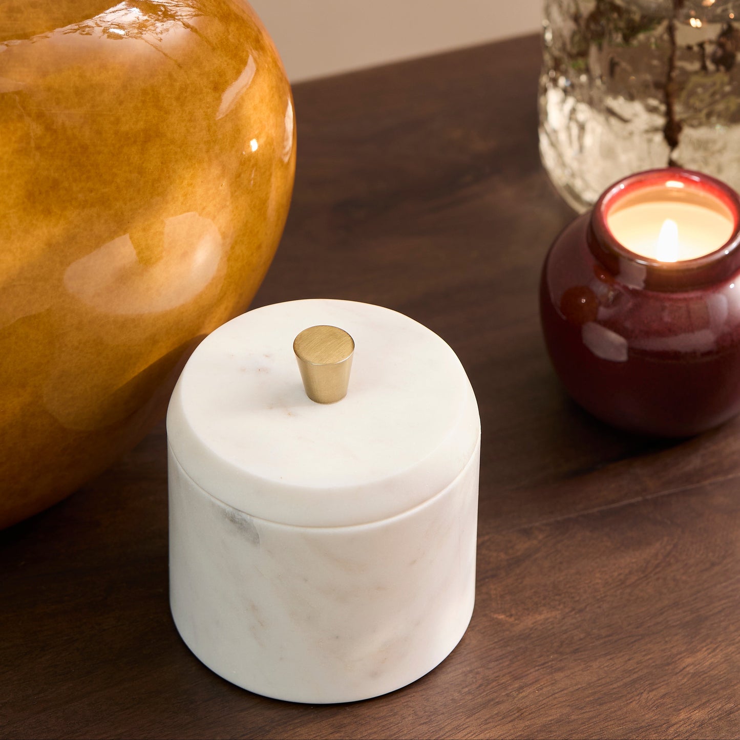 Tiree 10cm Lidded Pot with Brass Handle - White Marble - Laura James 