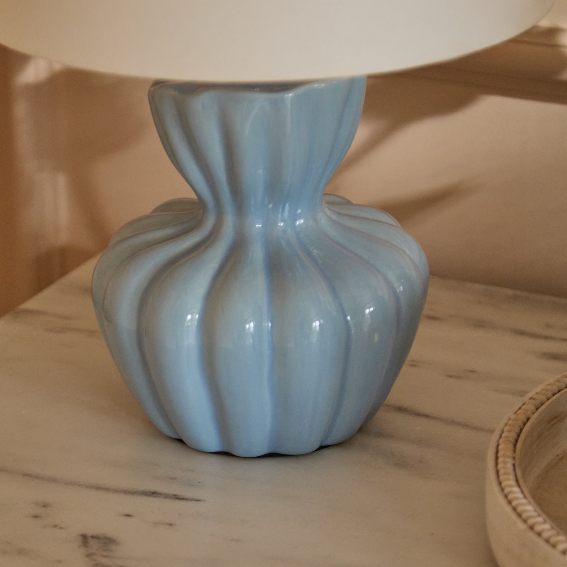 Dawes 30cm Ceramic Lamp Base - Cornflower Blue with Coningsby 30cm Cotton Lamp Shade - Snow White - Laura James