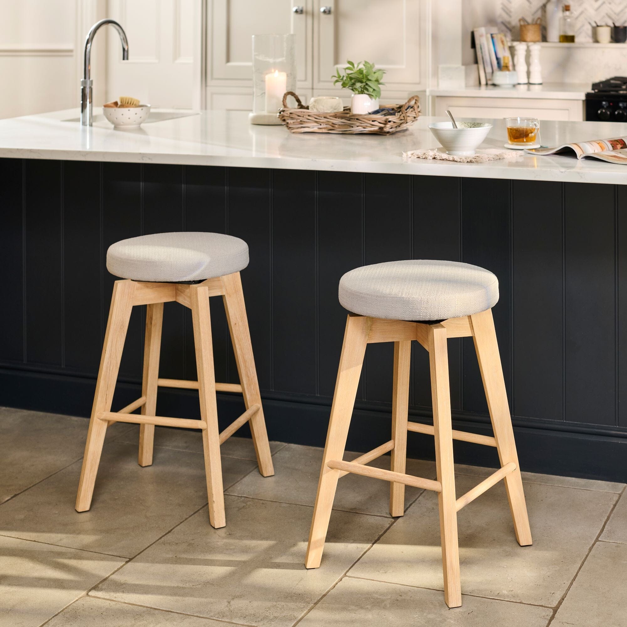 Digby Fawn Linen Swivel Backless Bar Stools Set of 2 Whitewash