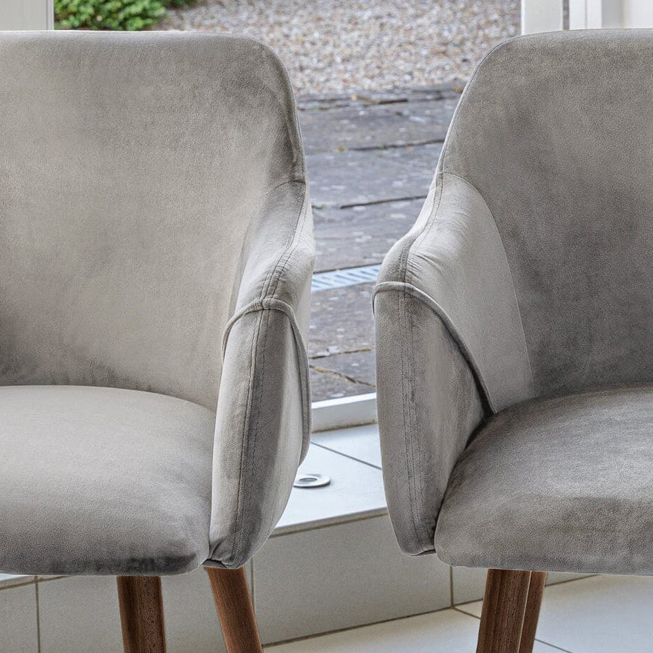 Freya Mist Grey Armchair - Set of 2 - Coffee Brown Mango Wood Legs - Laura James 