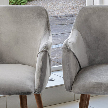 Freya Mist Grey Armchair - Set of 2 - Coffee Brown Mango Wood Legs - Laura James 