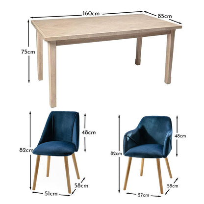Ella 160cm Pale Oak Dining Table Set - 6 Seater - 4 Freya Dining Chairs with 2 Freya Armchairs - Ink Blue with Pale Oak Legs