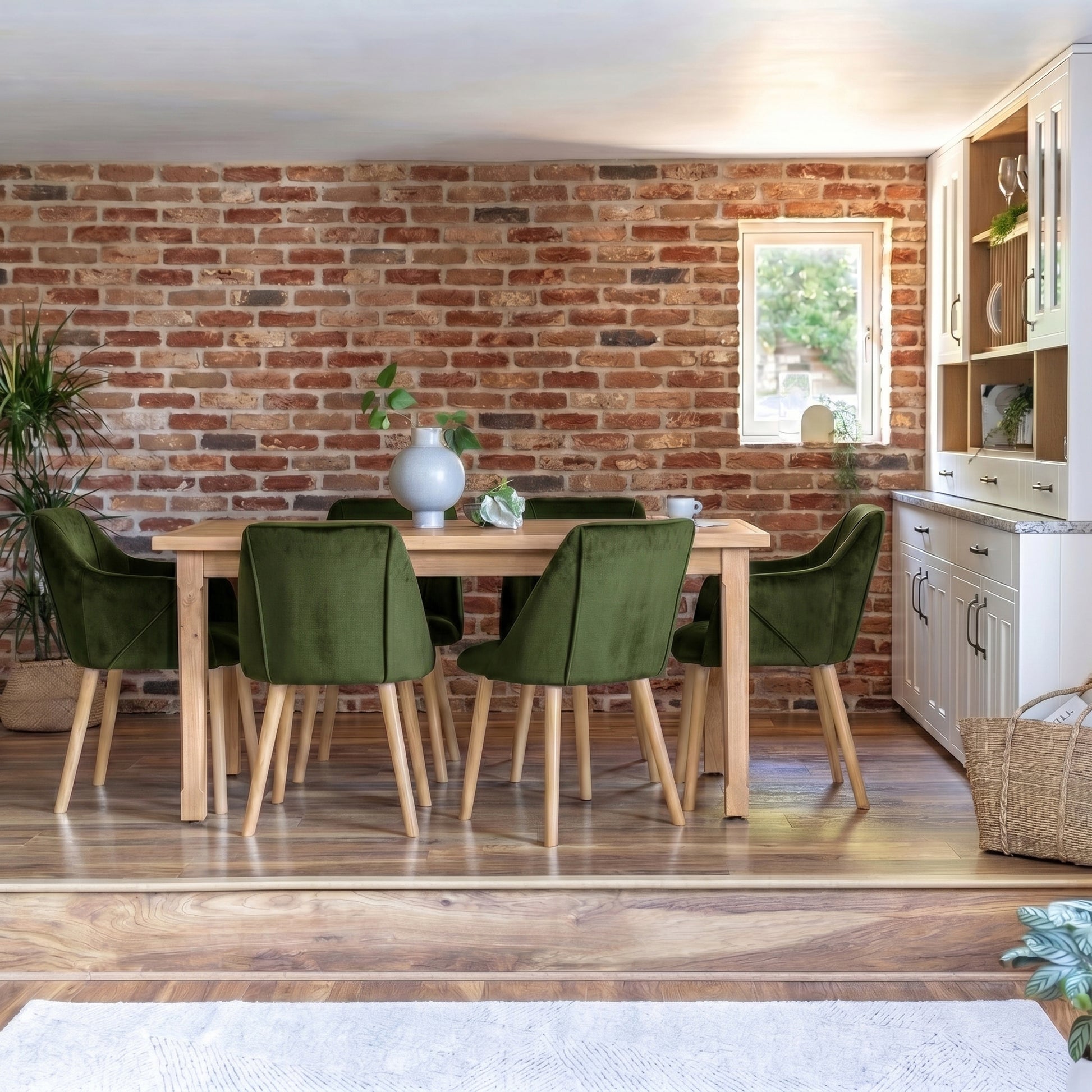 Ella 160cm Pale Oak Dining Table Set - 6 Seater - 4 Freya Dining Chairs with  2 Freya Armchairs - Fern Green with Pale Oak Legs - Laura James