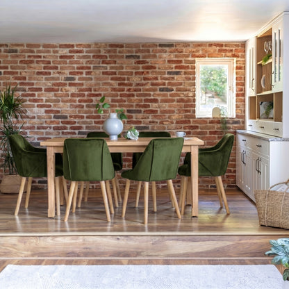 Ella 160cm Pale Oak Dining Table Set - 6 Seater - 4 Freya Dining Chairs with  2 Freya Armchairs - Fern Green with Pale Oak Legs - Laura James