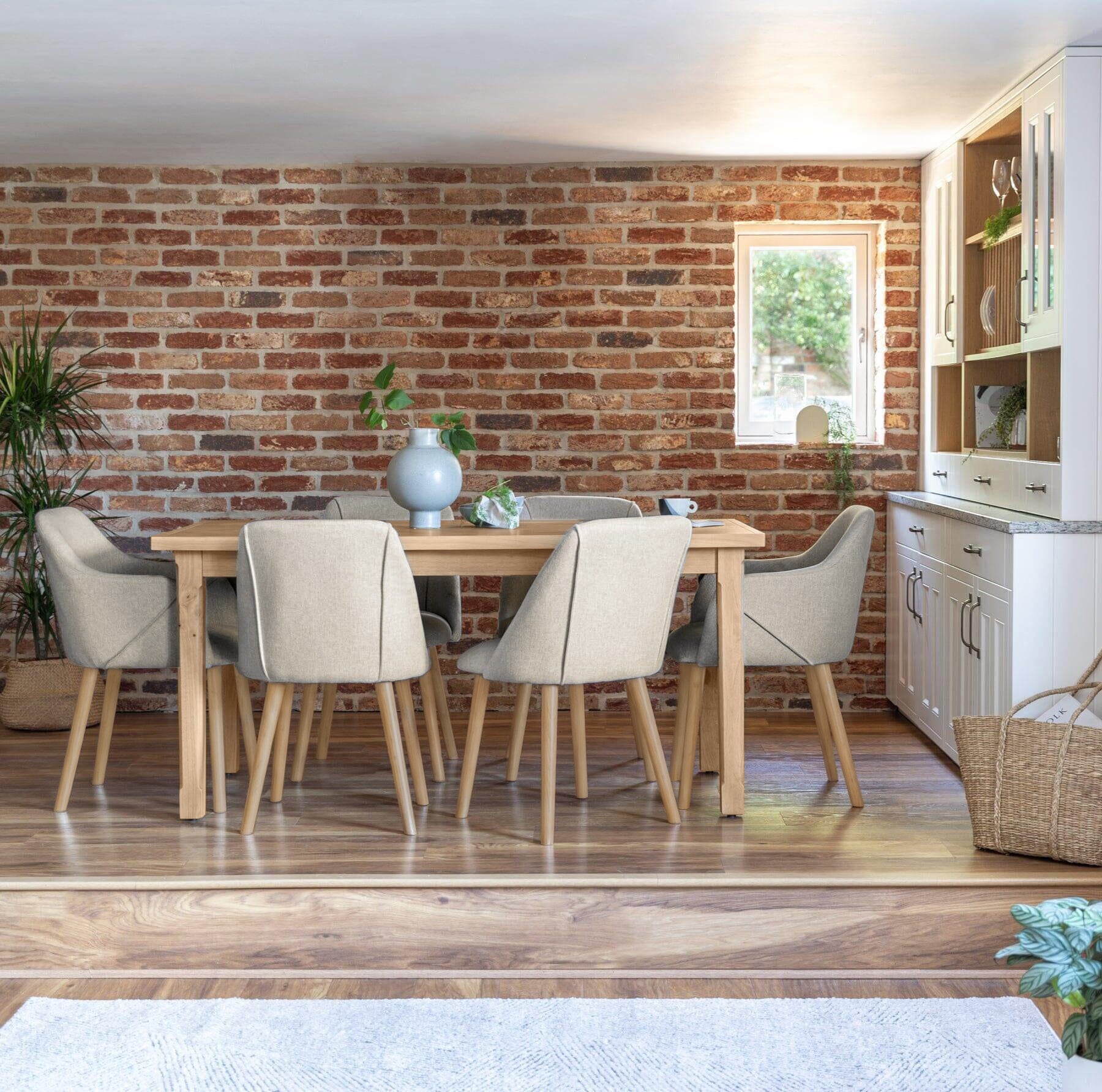 Ella 160cm Pale Oak Dining Table Set - 6 Seater - 4 Freya Dining Chairs with 2 Freya Armchairs - Sand with Pale Oak Legs - Laura James