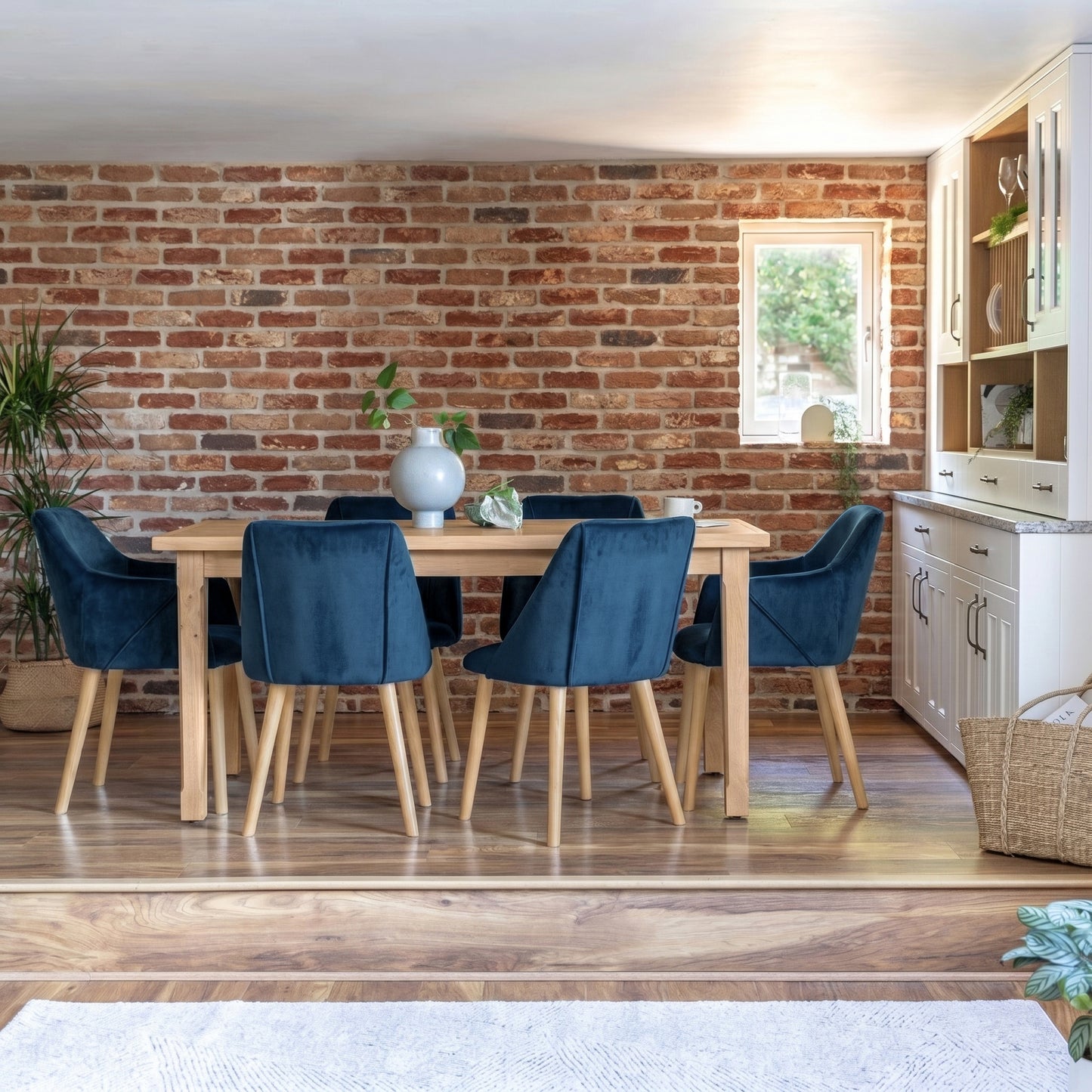 Ella 160cm Pale Oak Dining Table Set - 6 Seater - 4 Freya Dining Chairs with 2 Freya Armchairs - Ink Blue with Pale Oak Legs