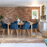 Ella 160cm Pale Oak Dining Table Set - 6 Seater - 4 Freya Dining Chairs with 2 Freya Armchairs - Ink Blue with Pale Oak Legs
