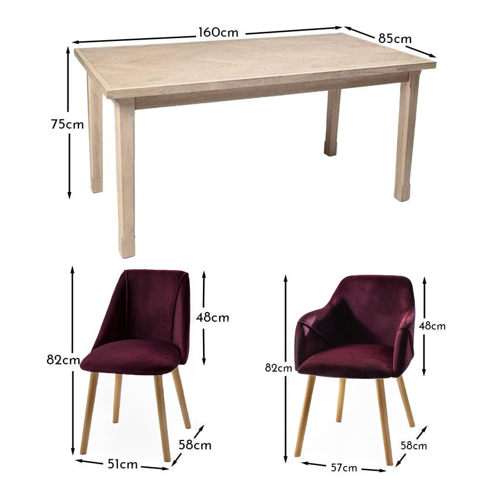 Ella 160cm Pale Oak Dining Table Set - 6 Seater - 4 Freya Dining Chairs with 2 Freya Armchairs - Burgundy Red with Pale Oak Legs