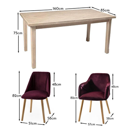 Ella 160cm Pale Oak Dining Table Set - 6 Seater - 4 Freya Dining Chairs with 2 Freya Armchairs - Burgundy Red with Pale Oak Legs