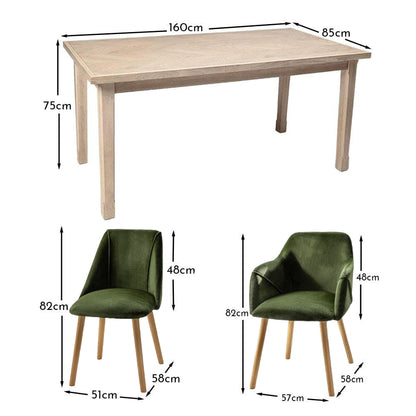 Ella 160cm Pale Oak Dining Table Set - 6 Seater - 4 Freya Dining Chairs with  2 Freya Armchairs - Fern Green with Pale Oak Legs - Laura James