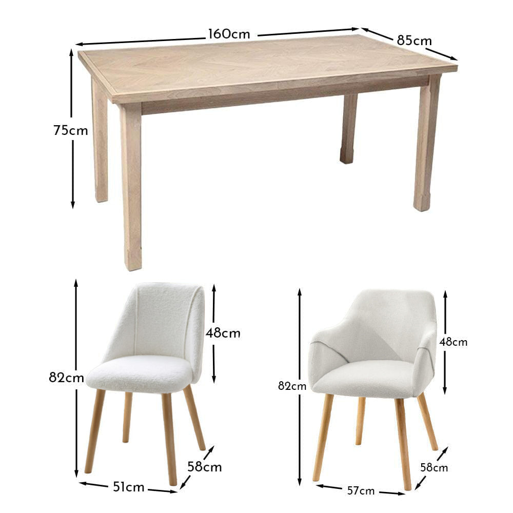 Ella 160cm Pale Oak Dining Table Set - 6 Seater - 4 Freya Dining Chairs with 2 Freya Armchairs - Oat Boucle with Pale Oak Legs - Laura James