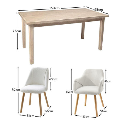 Ella 160cm Pale Oak Dining Table Set - 6 Seater - 4 Freya Dining Chairs with 2 Freya Armchairs - Oat Boucle with Pale Oak Legs - Laura James