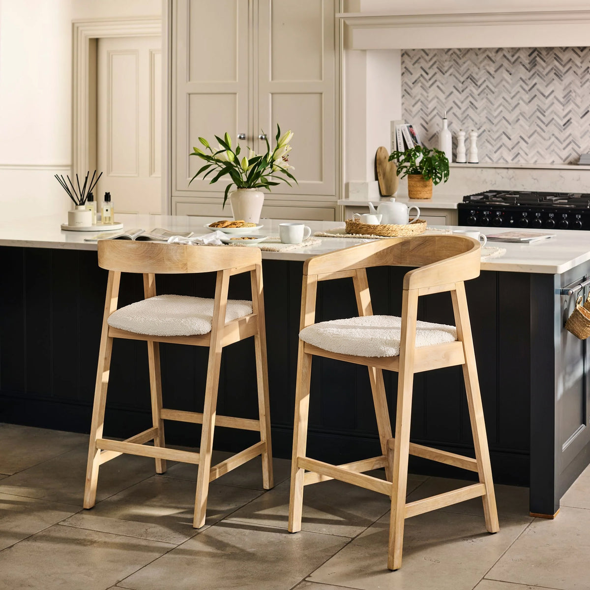 Ella Off White Boucle Bar Stool - Whitewashed Oak Legs - Laura James 