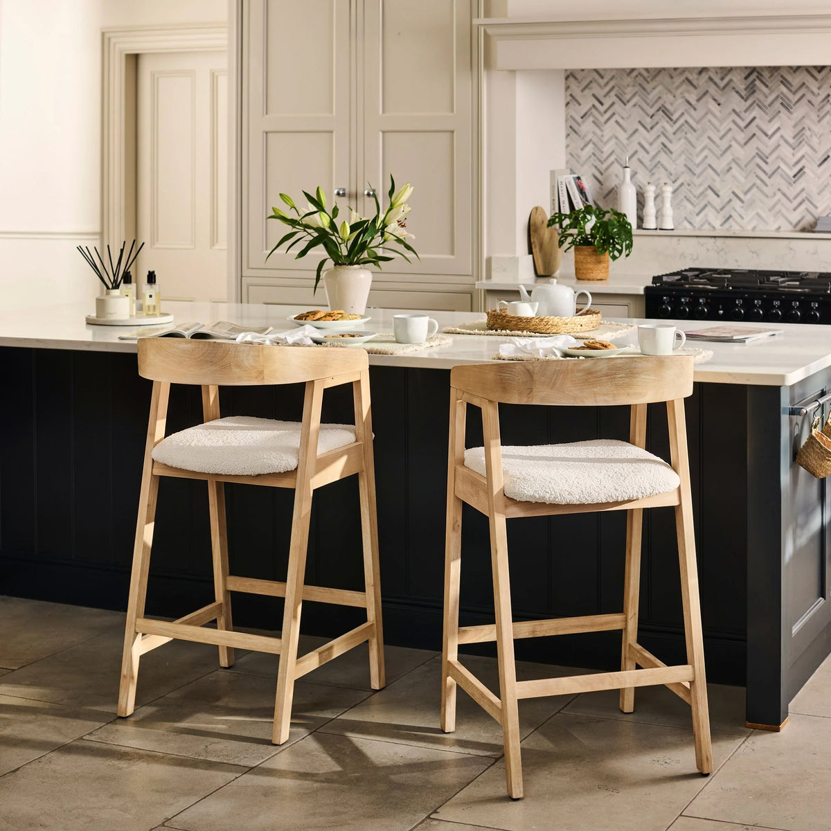 Ella Off White Boucle Bar Stool - Whitewashed Oak Legs - Laura James 