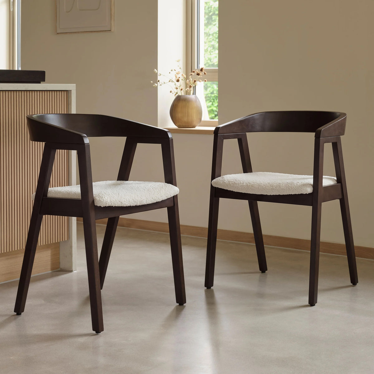 Ella Off White Boucle Dining Armchairs - Set of 2 -  Coffee Brown Legs