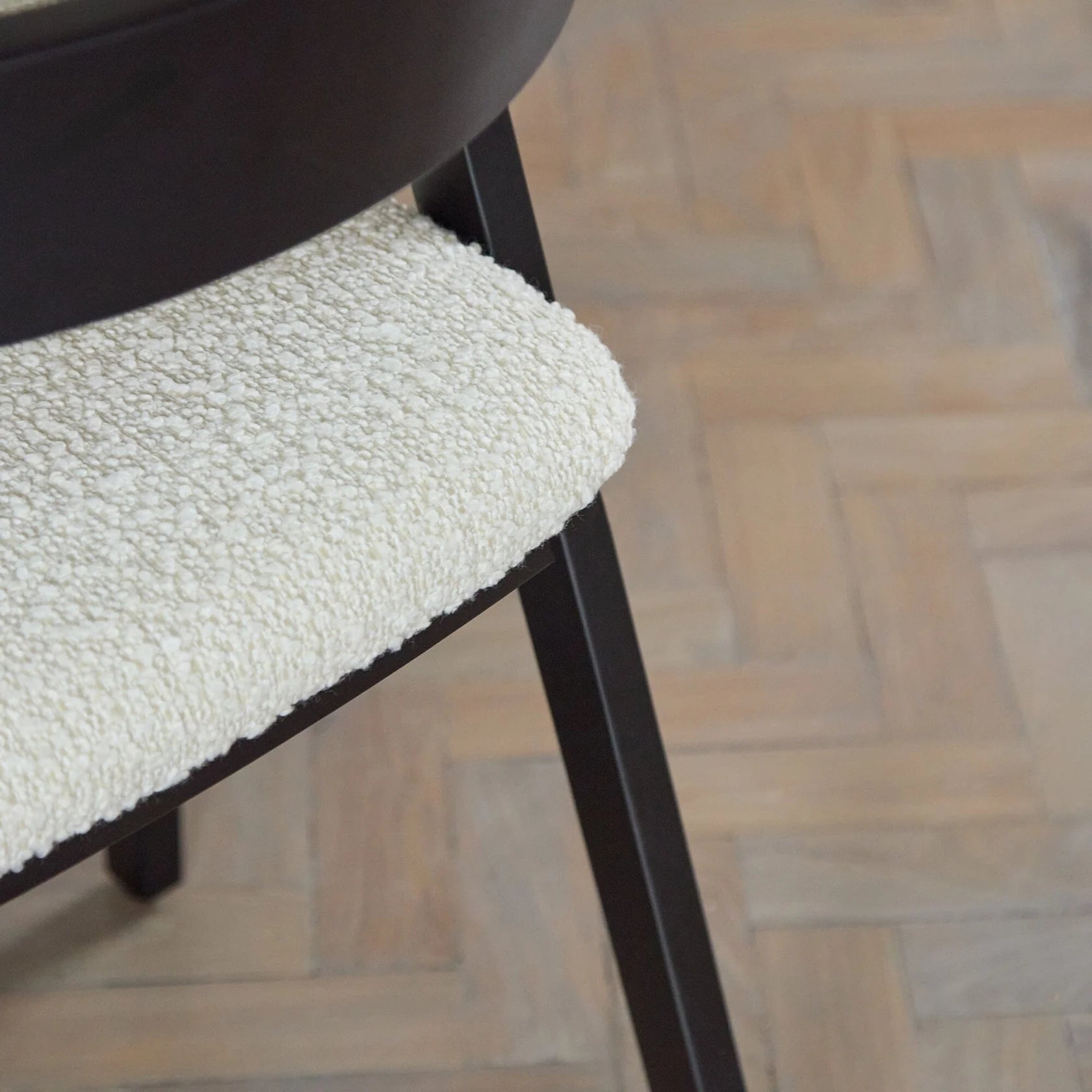 Ella Off White Boucle Dining Chairs - Black Oak Legs - Laura James 