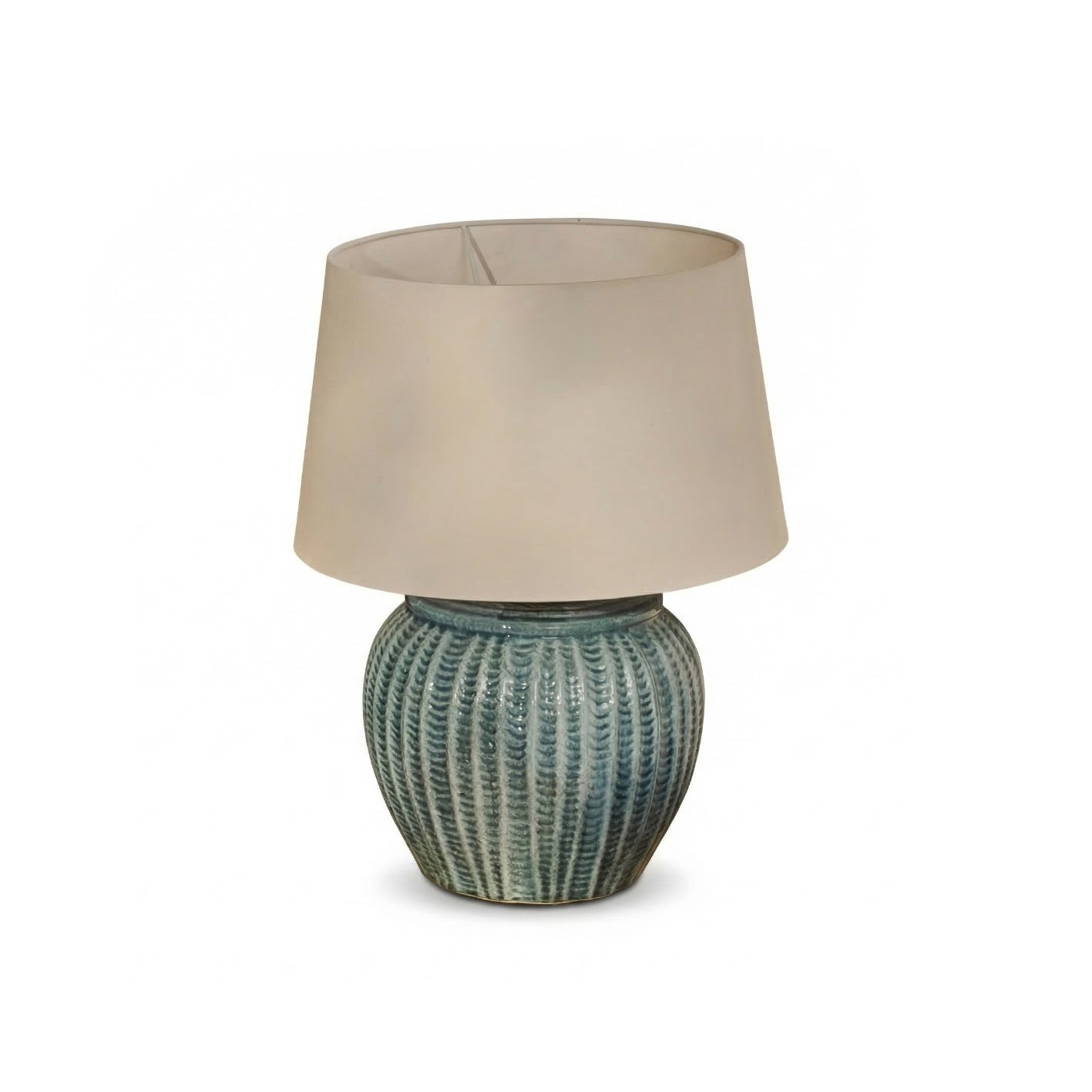 Elmer 27cm Ceramic Lamp Base - Teal Blue & Coningsby 35cm Cotton Lamp Shade - Snow White - Laura James