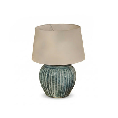 Elmer 27cm Ceramic Lamp Base - Teal Blue & Coningsby 35cm Cotton Lamp Shade - Snow White - Laura James