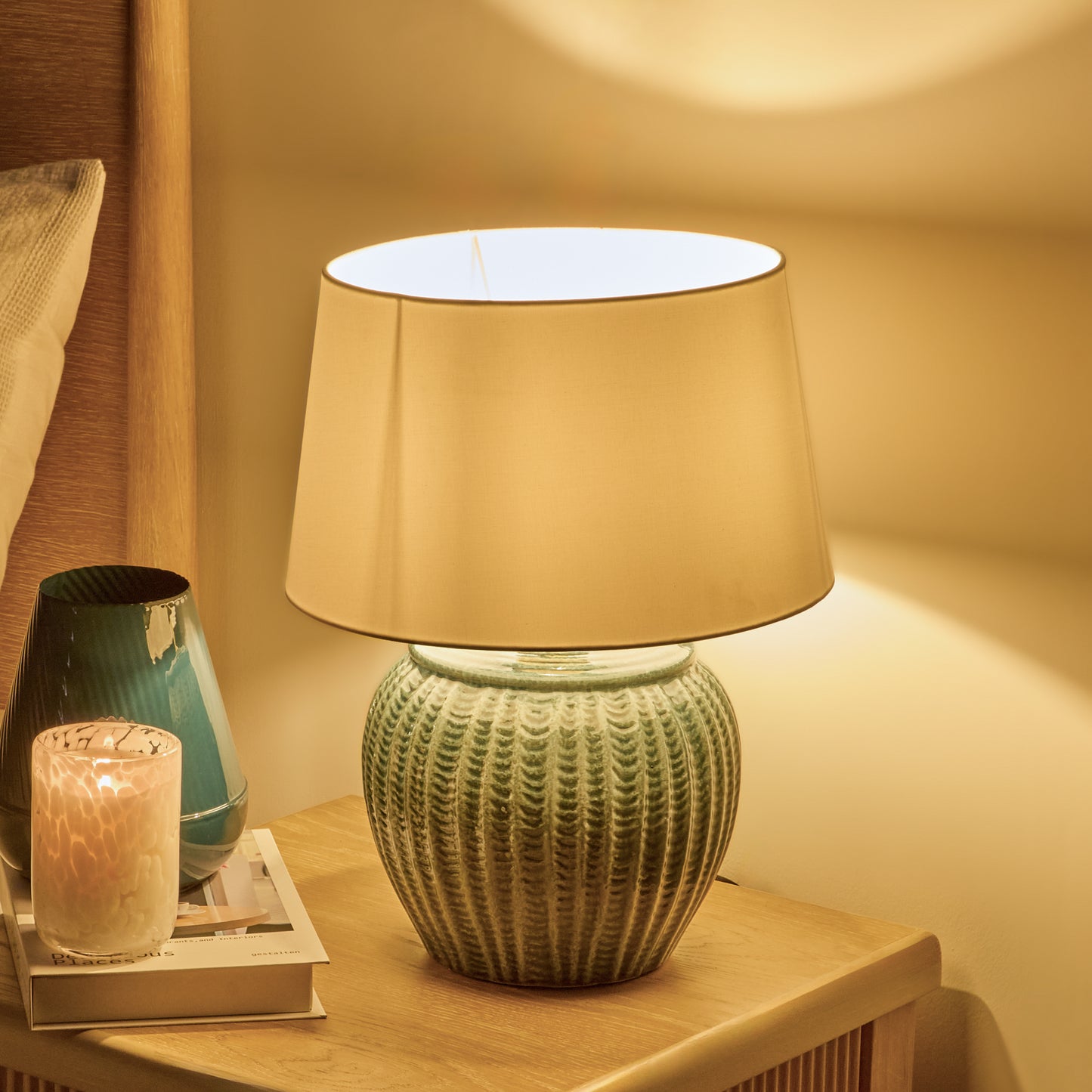 Elmer 27cm Ceramic Lamp Base - Teal Blue & Coningsby 35cm Cotton Lamp Shade - Snow White - Laura James