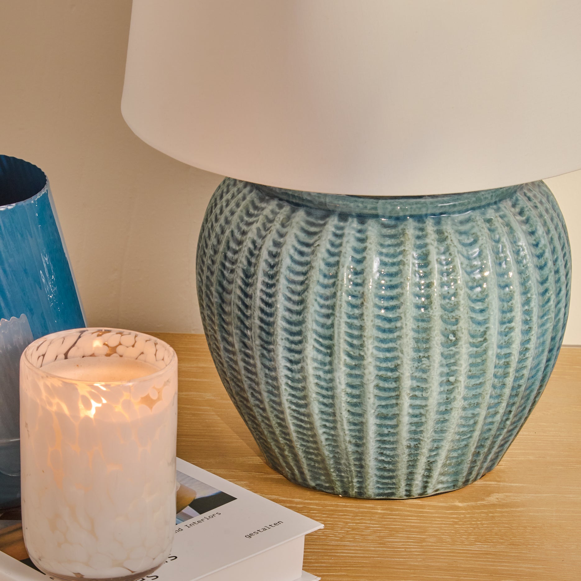 Elmer 27cm Ceramic Lamp Base - Teal Blue & Coningsby 35cm Cotton Lamp Shade - Snow White - Laura James