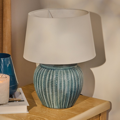 Elmer 27cm Teal Blue Ceramic Lamp Base & Coningsby Snow White Cotton Lampshade - 35cm