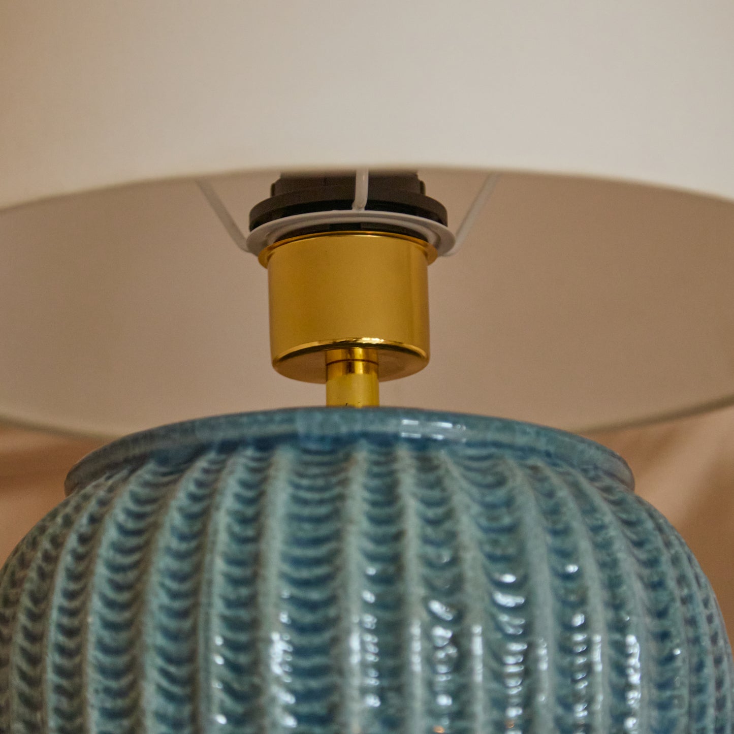 Elmer 27cm Ceramic Lamp Base - Teal Blue & Coningsby 35cm Cotton Lamp Shade - Snow White - Laura James