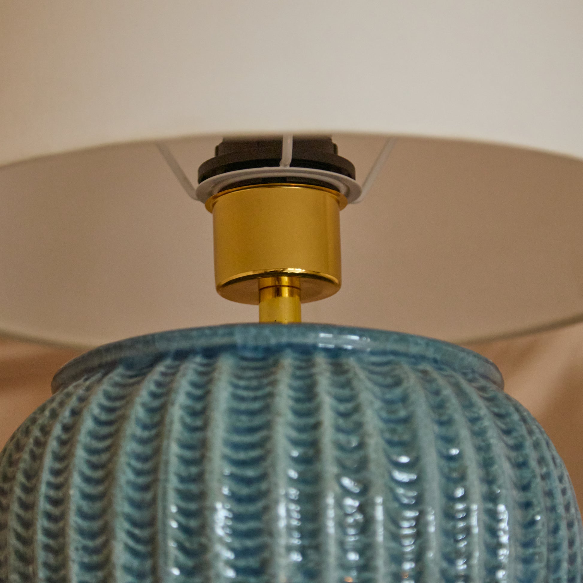 Elmer 27cm Ceramic Lamp Base - Teal Blue & Coningsby 35cm Cotton Lamp Shade - Snow White - Laura James
