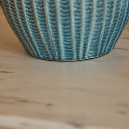 Elmer 27cm Ceramic Lamp Base - Teal Blue & Coningsby 35cm Cotton Lamp Shade - Snow White - Laura James