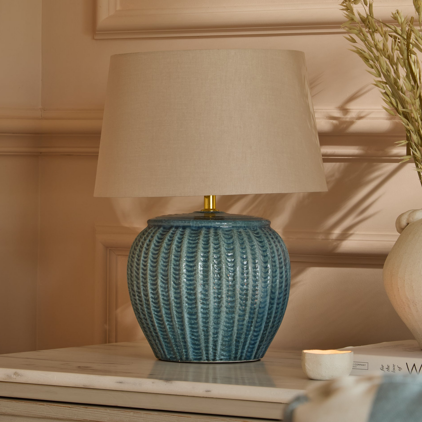 Elmer Teal Blue Lamp Base & Coningsby Taupe Shade Set | Laura James