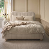 Elodie King Ottoman Bed - Ivory Pleated with Nordic Oak Legs - Laura James 