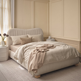 Elodie King Ottoman Bed - Ivory Pleated with Nordic Oak Legs