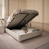 Elodie King Ottoman Bed - Ivory Pleated with Nordic Oak Legs - Laura James 