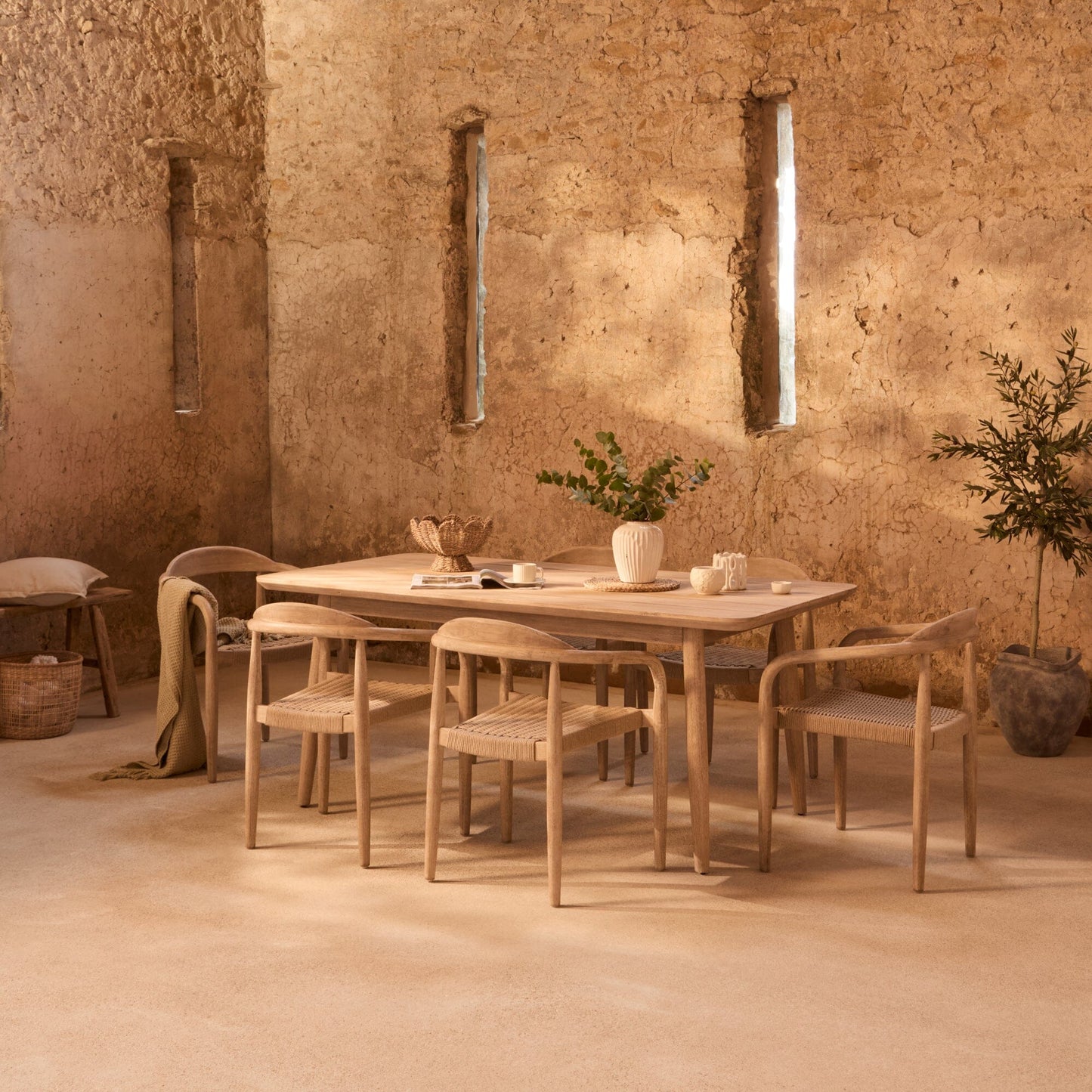 Elowen 6 Seater Wooden Garden Dining Set with Sasha Chairs - Sand Rope - Laura James