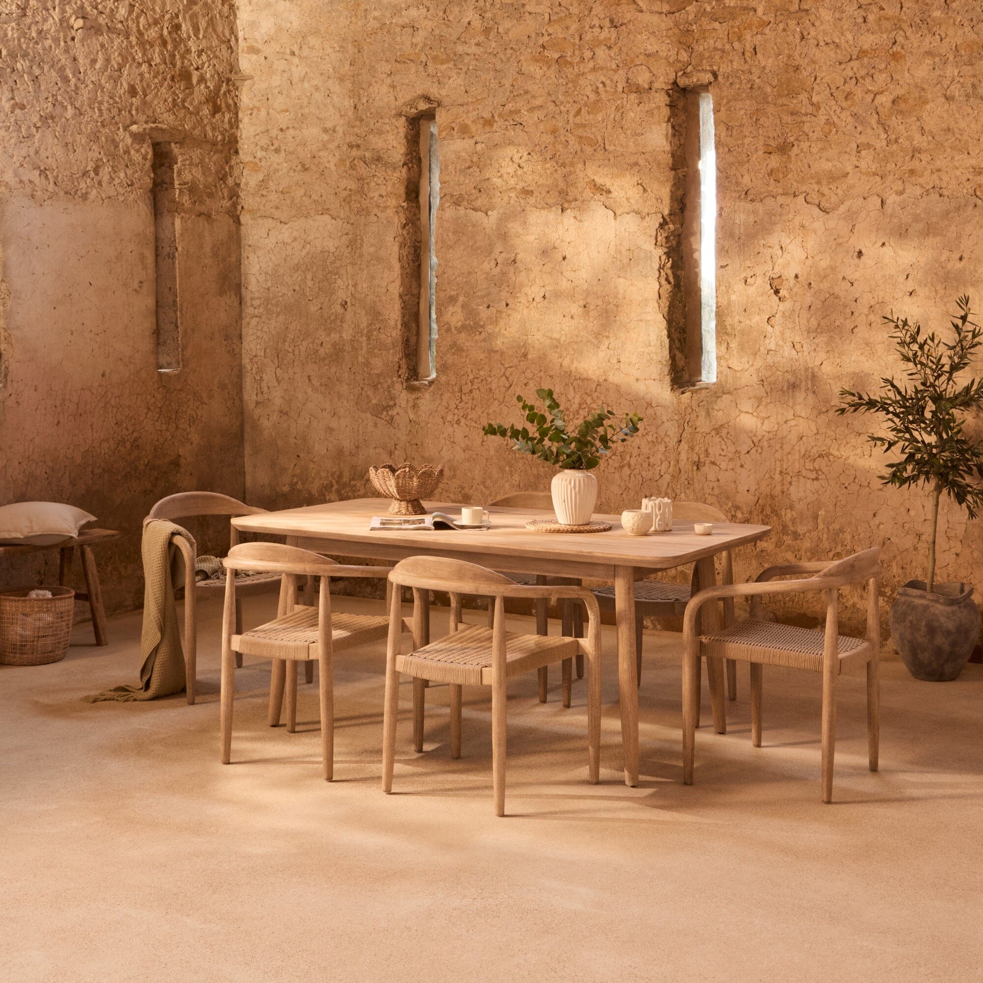 Elowen 6 Seater Wooden Garden Dining Set with Sasha Chairs - Sand Rope - Laura James