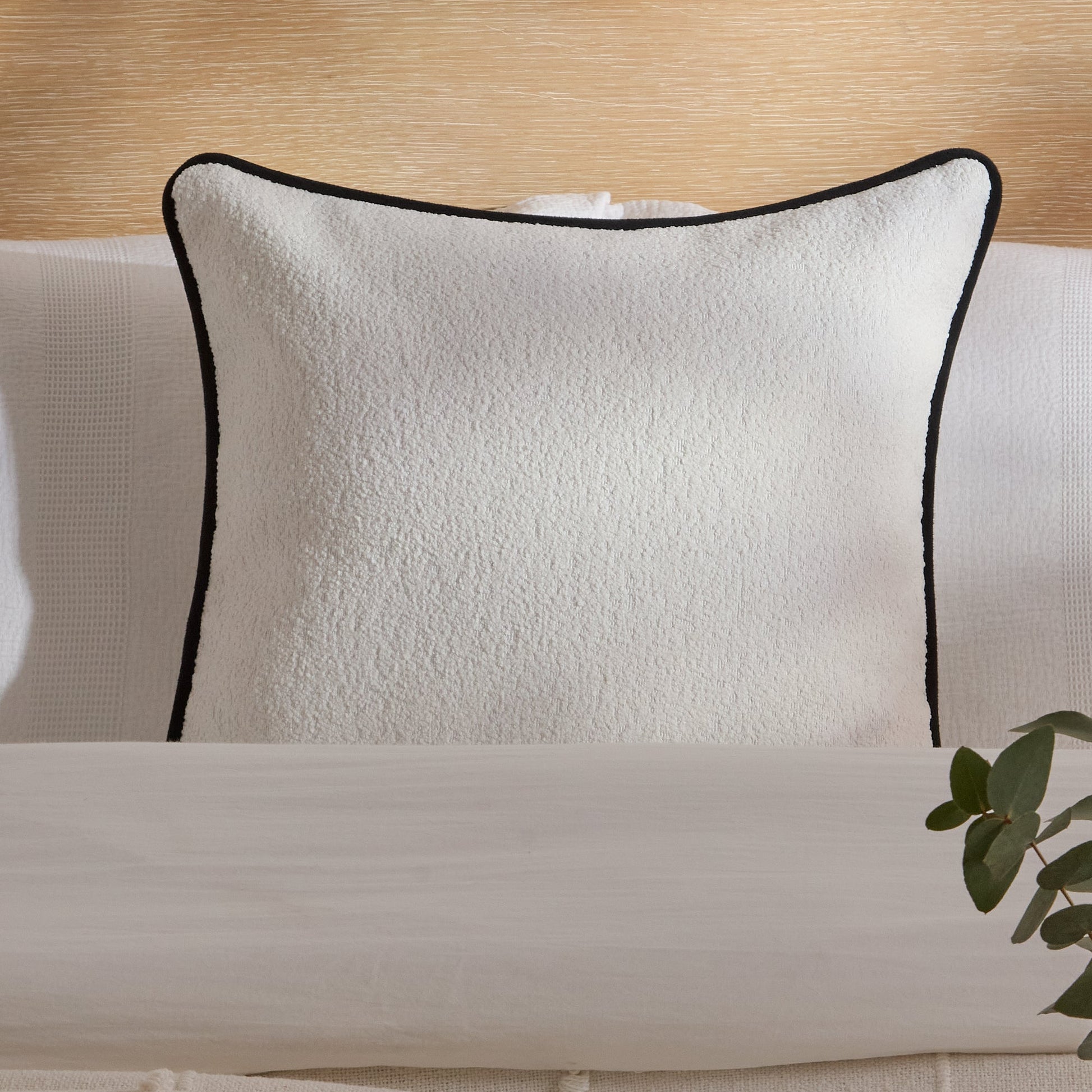 Elsham 45x45cm Scatter Cushion Cover - Chalk White Boucle with Jet Black Velvet Piping - Laura James