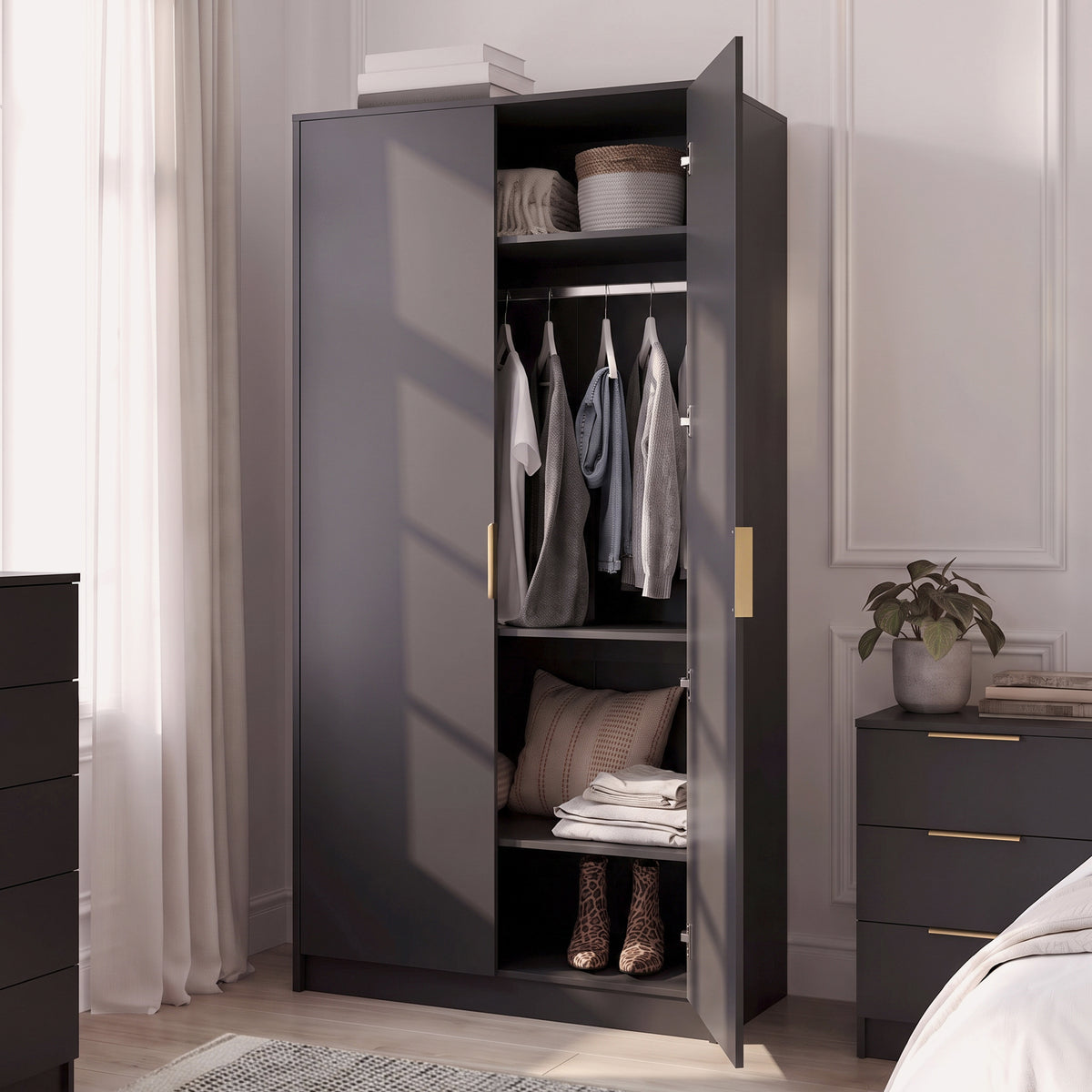 Essie Wardrobe & Drawers Bedroom Set - Pitch Black