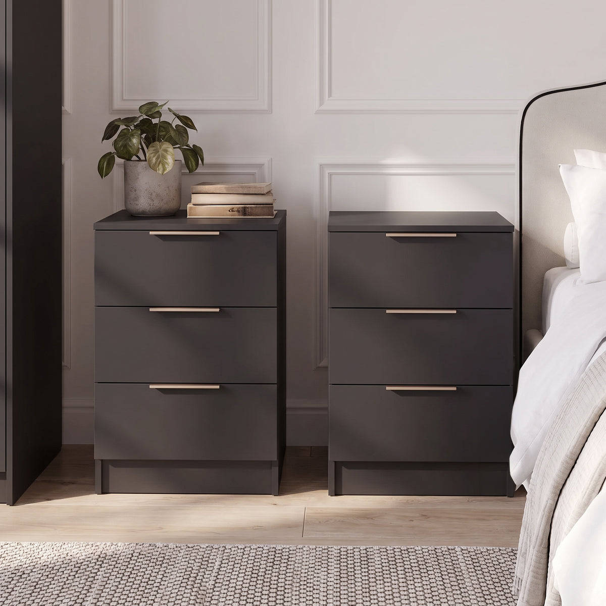 Essie 3 Drawer Bedside Table - Pitch Black - Set of 2