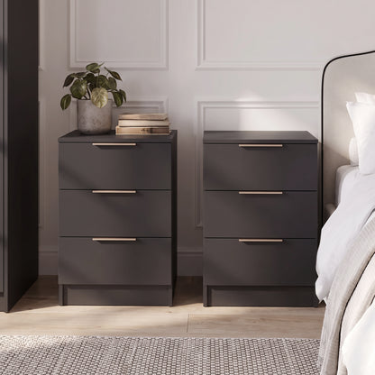 Essie 3 Drawer Bedside Table - Pitch Black - Set of 2