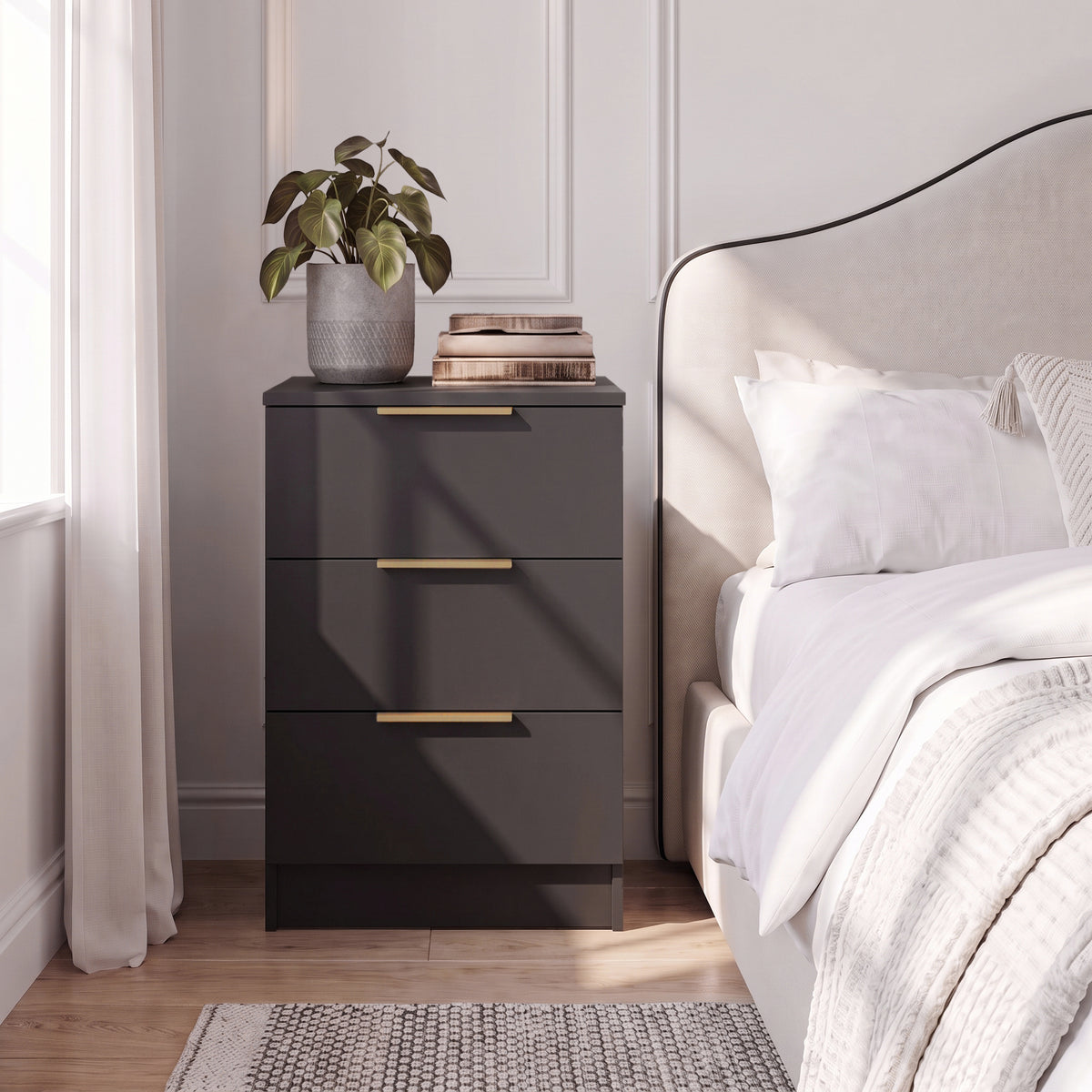 Essie 3 Drawer Bedside Table - Pitch Black - Set of 2