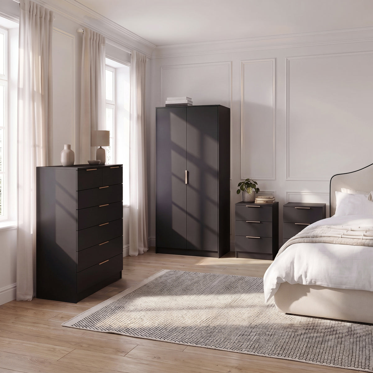 Essie 3 Drawer Bedside Table - Pitch Black - Set of 2