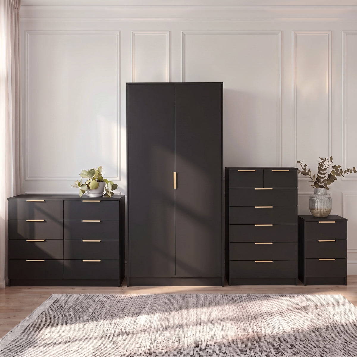 Essie Wardrobe & Drawers Bedroom Set - Pitch Black