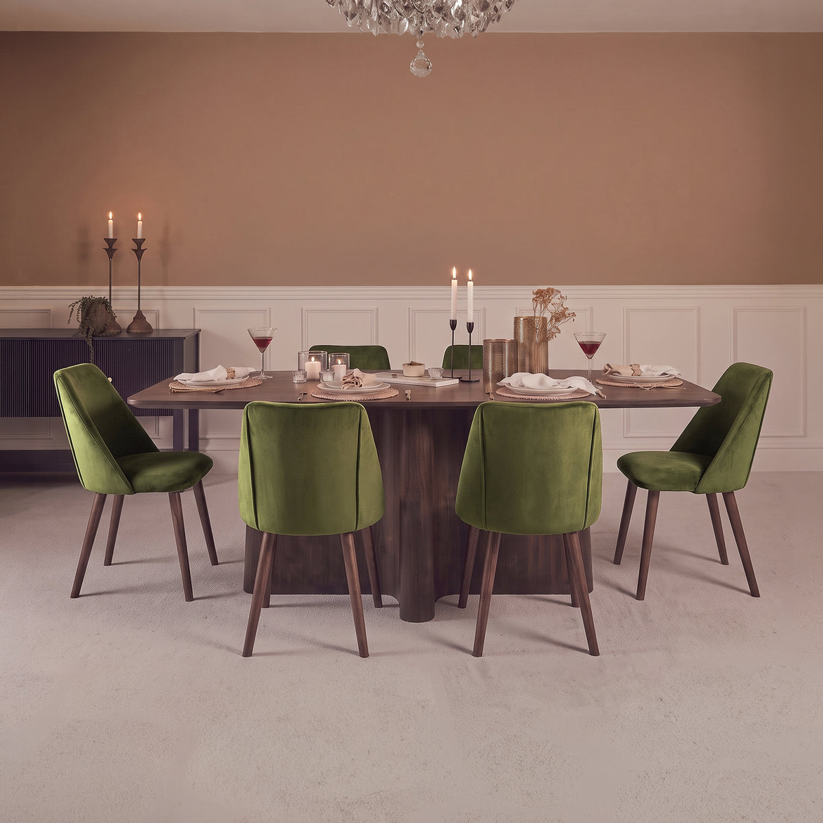 Bastian 220cm Coffee Brown Mango Wood Dining Table Set - 6 Seater - Freya Fern Green Dining Armchairs - Coffee Brown Mango Wood Legs - Laura James 