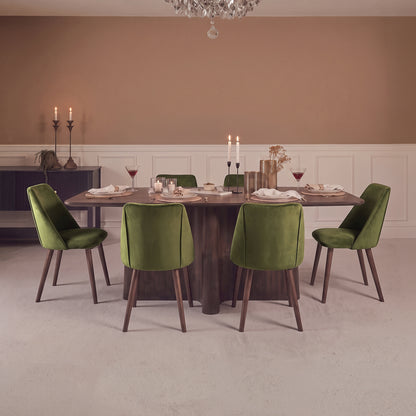 Bastian 220cm Coffee Brown Mango Wood Dining Table Set - 6 Seater - Freya Fern Green Dining Armchairs - Coffee Brown Mango Wood Legs - Laura James 