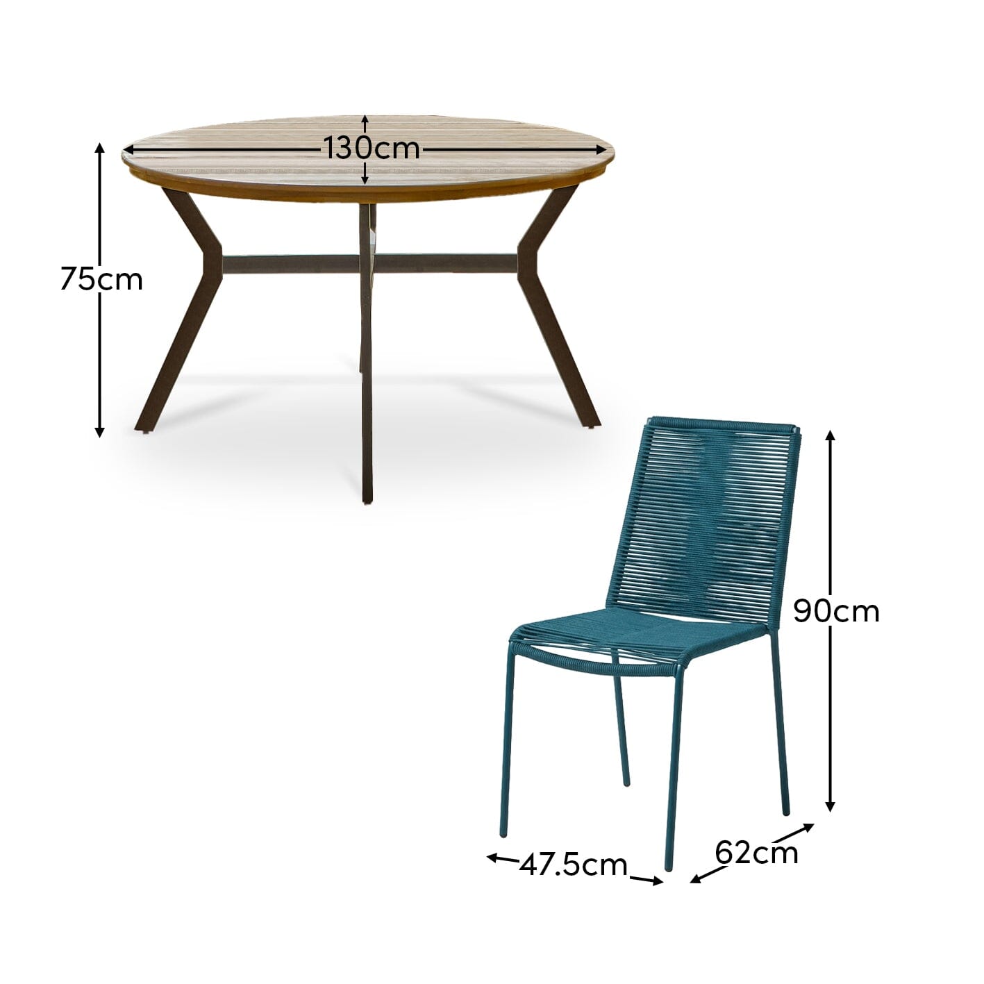 Ezra 4 Seater Round Wooden Garden Set with Ryder Teal Chairs - Laura James