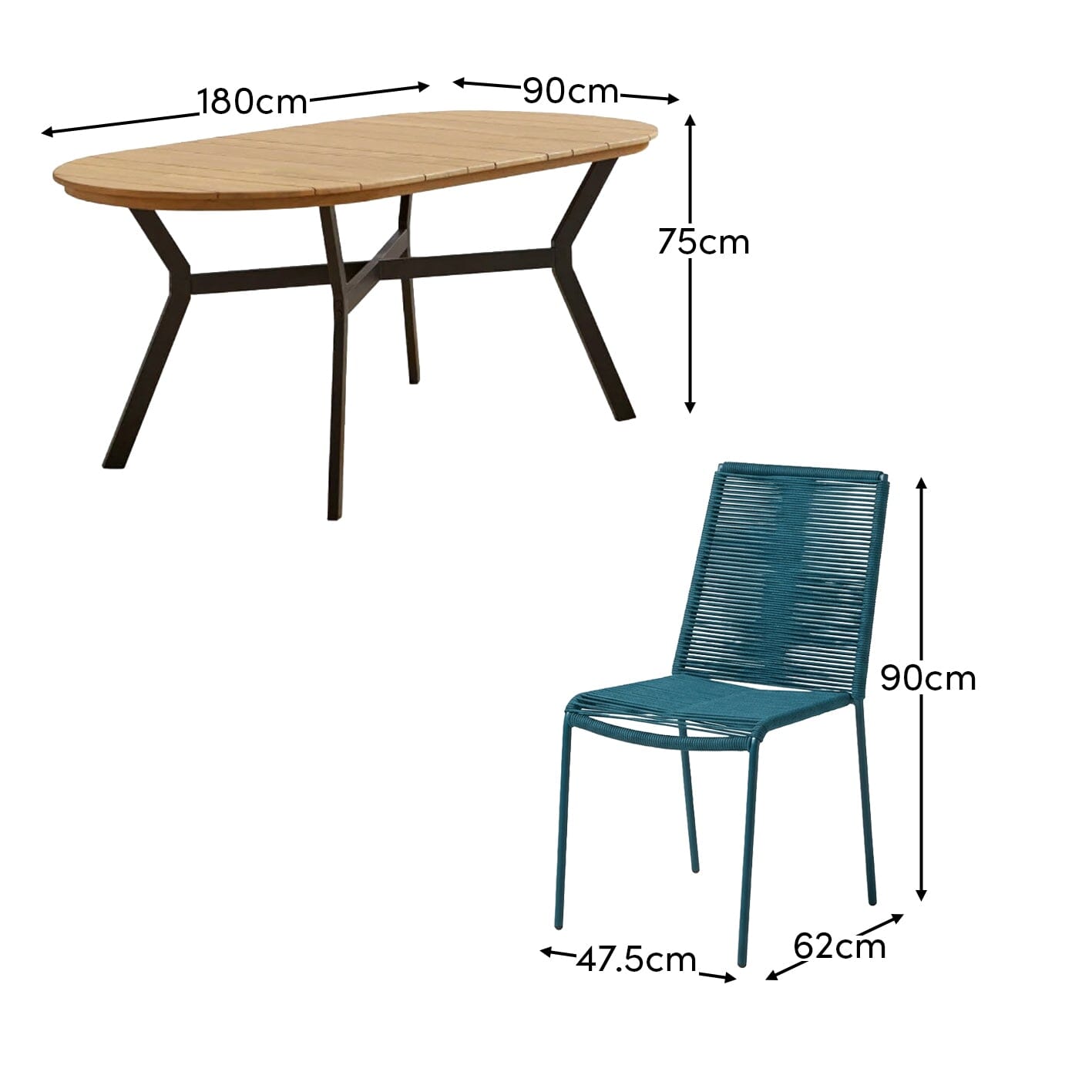 Ezra 6 Seater Oval Wooden Garden Dining Set with Ryder Teal Chairs - Laura James